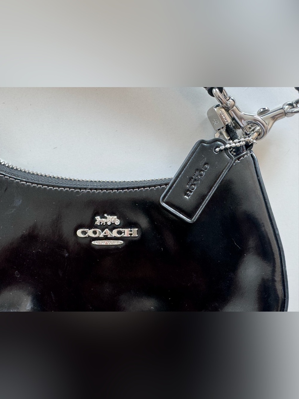 Coach Black Patent Leather Shoulder Bag with Logo Charm